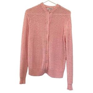 MS Sport Vintage Cable Knit Sweater Pink Pearl Buttons Made In Taiwan Size Large